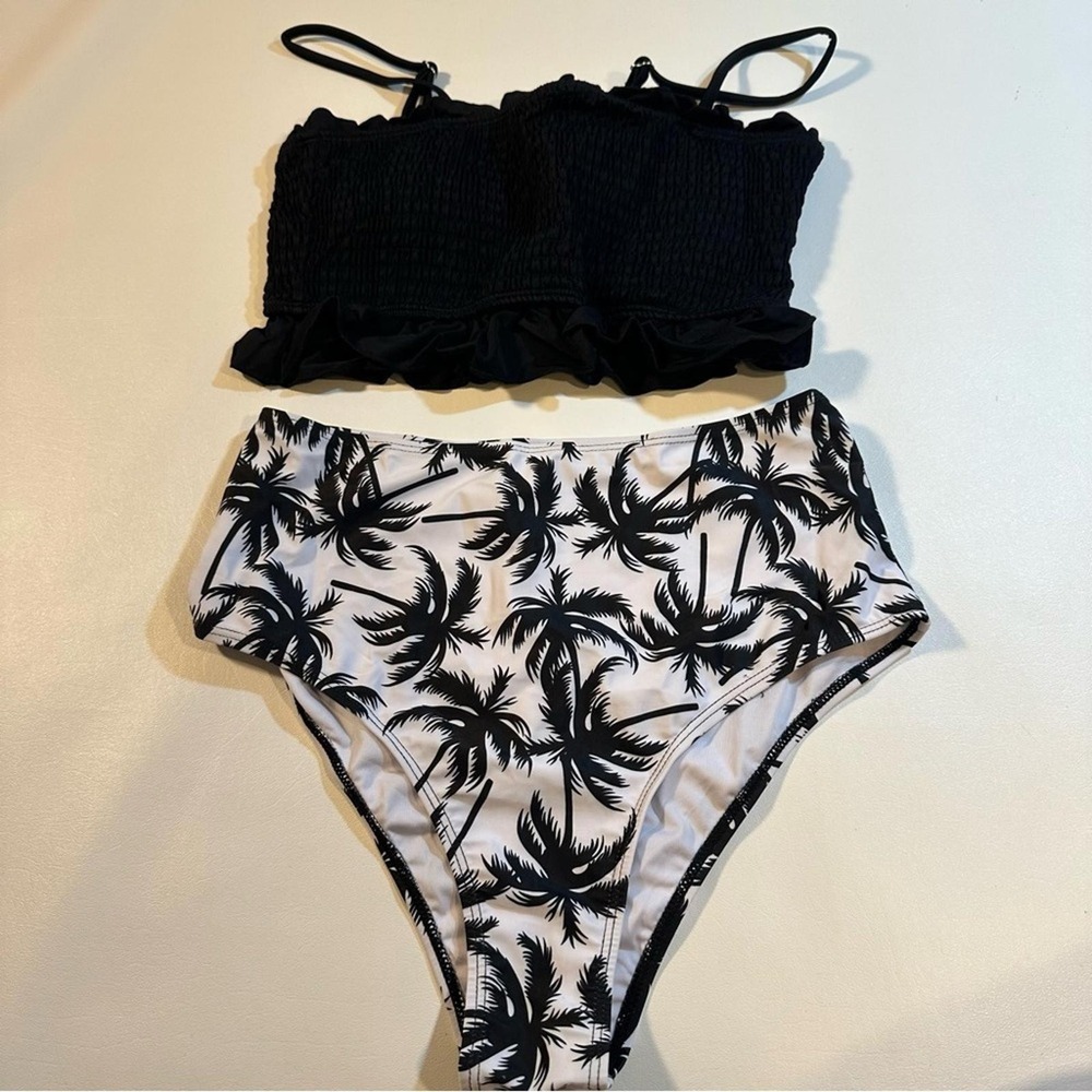 NWT Sporlike Size M Black Bandeau Top W Palm Tree Print Bottom Bikini - Picture 3 of 10